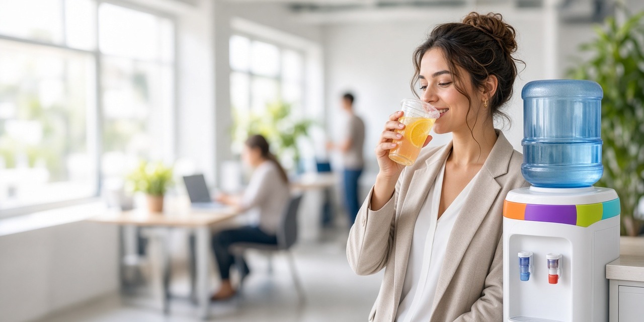 A smiling woman enjoying a drink of water beside an office water cooler